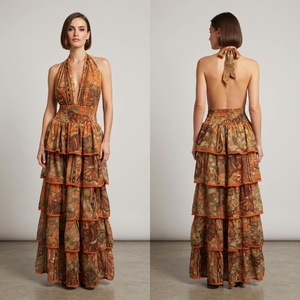 Vestido maxi halter estampado sin mangas con cuello en V, cintura imperio y falda con volantes, ropa informal de verano - Product Image 5