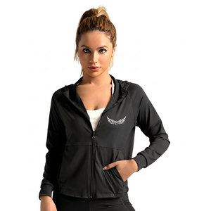 Women's Purple Full Sleeve <b>Zip</b>-Up Hooded Jacket With Logo <b>Front</b> Solid Color Breathable Regular Fit Yoga <b>Top</b> - Product Image 2