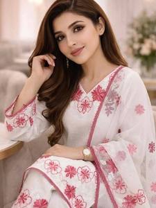 Ensemble Kurta, pantalon et dupatta en rayonne satinée blanche brodée de bonne qualité pour femme, prêt à porter, style ethnique asiatique, idéal pour les mariages (OEM) - Product Image 5