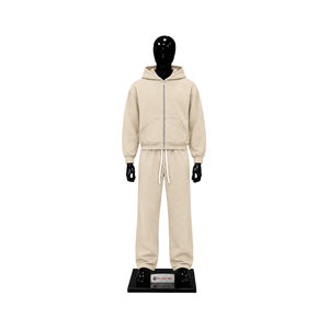 Ensemble de survêtement beige pour homme avec sweat à capuche zippé et pantalon de jogging en molleton uni, style streetwear minimaliste, tenue décontractée deux pièces coupe décontractée - Product Image 1