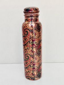 Floral Pattern Pure Copper <b>Water</b> Bottle With Lid Portable Travel Drinkware Green Base Color - Product Image 5