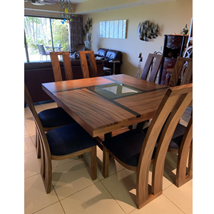 Modern Solid Teak Wood <b>Dining</b> <b>Table</b> Set with <b>Glass</b> Inlay 6 Seater <b>Square</b> <b>Dining</b> Furniture Indonesia Supplier - Product Image 1