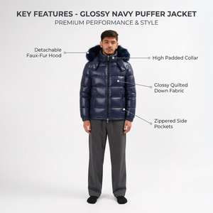 <b>Men's</b> Navy Blue <b>Hooded</b> Puffer Jacket with <b>Fur</b> Trim Windproof Breathable Down Filled Zipper Front Casual Winter <b>Coat</b> Loose - Product Image 5