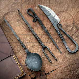 4PCS Hand Forged Iron Steel Medieval <b>Dining</b> <b>Set</b> Rustic Camping Utensils with Leather Roll Pouch Viking Style <b>Outdoor</b> Gift - Product Image 5