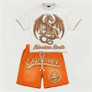 Ensemble T-shirt et short en coton imprimé Dragon Explorer pour garçons, tenue décontractée d'été respirante à col rond et manches courtes pour enfants - Product Image 1