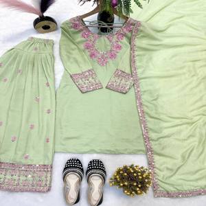 VASTRA COTTAGE Ensemble Salwar Farshi brodé en rayonne, coton et soie avec dupatta, entièrement cousu, tenue ethnique de fête - Product Image 6
