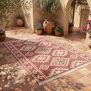 Tapis rectangulaire géométrique bohème rouge avec franges pour salon et chambre à coucher, en laine et acrylique, à poils ras - Product Image 4