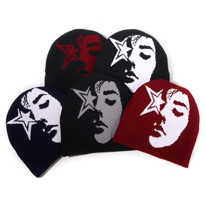 Unisex Jacquard Knit Beanie Hat With Star Face Pattern 100% Acrylic <b>Winter</b> <b>Cap</b> Casual Style Adult Size 56-58CM Street Fashion - Product Image 1