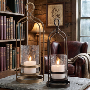 Iron Hurricane <b>Lanterns</b> With Hammered Glass <b>Black</b> Powder Coating & Bronze Finish Decorative Candle Holders For Home & Patio - Product Image 2