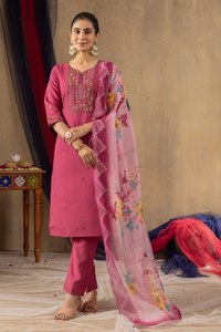 Conjunto de Kurta de Seda Romana para Mujer con Bordado a Mano y Pantalón Recto, Ropa Tradicional India - Product Image 4
