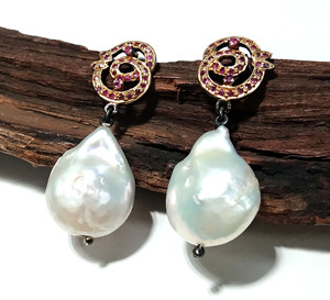 Baroque White Pearl Clip-on Earrings Ruby Silver Plated 925 Sterling Silver Handmade <b>Wedding</b> Women Jewelry Gift - Product Image 2