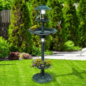 Bebedero para Pájaros con Pedestal Iluminado por Energía Solar, Fuente Decorativa de Resina, Comedero para Pájaros Vintage con Jardinera, Artículos de Jardín - Product Image 5