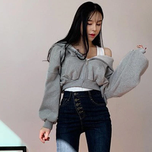 Custom Logo Cotton <b>Long</b> <b>Sleeve</b> Crop <b>Top</b> Women Hoodie For <b>Gym</b> Clothing Casual Plain Shoulder - Product Image 2