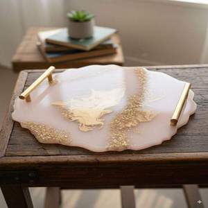 Plateau de service décoratif en résine au design moderne, taille personnalisée, poignées en métal doré, compatible lave-vaisselle, pliable, pour collations, desserts, thé - Product Image 2