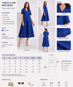 Vestido Midi de Algodón Azul Rey |   Vestidos de Verano Cortos con Cuello en V y Pliegues |   Vestido Casual de Verano con Bolsillos - Product Image 4