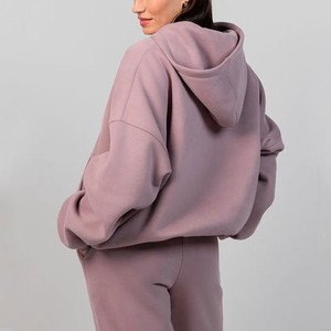Ensemble de sweat-shirts à capuche surdimensionnés pour femmes, couleur unie, en polaire, manches longues, avec poches, pour l'automne, longueur normale, en coton tricoté - Product Image 4