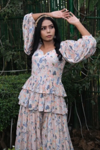 Bohemian Floral Print Crepe Floor-Length Peplum <b>Dress</b> With <b>Ruffles</b> Empire Waistline Sweetheart Neck Casual Style For Adult - Product Image 6