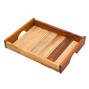 Bandeja de servir rectangular decorativa de madera maciza hecha a mano al por mayor con asas recortadas, ecológica, para mesa de hotel - Product Image 6
