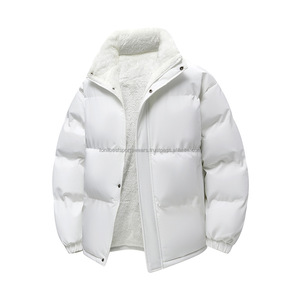 <b>Men</b> <b>White</b> Puffer <b>Jacket</b> Winter Casual Eco-Friendly Worsted Fabric Windproof Cotton Filling Zipper Closure Solid Color Hooded - Product Image 1