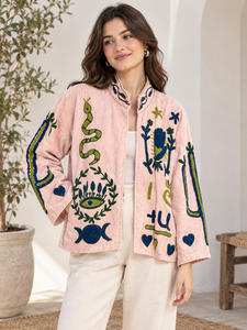 Veste en coton rose brodée, col mandarin, manches longues, broderie à la main, style Prairie Chic, veste pour femme, style printemps - Product Image 1