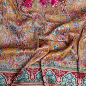ผ้าไหมโดลาพรีเมียม ผ้าเครปธรรมชาติ สีเหลืองมัสตาร์ด สำหรับเสื้อผ้าเด็กผู้ชาย ลายพิมพ์วิวทิวทัศน์แบบชาติพันธุ์ ลายช้าง ขอบนุ่ม - Product Image 4
