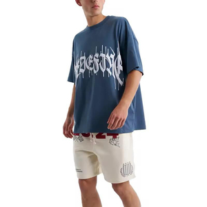 เสื้อยืดพิมพ์ลายพัฟฟ์ ดีไซน์ล่าสุดปี 2025 สำหรับผู้ชาย ปรับแต่งโลโก้ได้ ผ้าฝ้าย 100% สีน้ำเงิน ทรงโอเวอร์ไซส์ ระบายอากาศได้ดี เป็นมิตรกับสิ่งแวดล้อม - Product Image 2