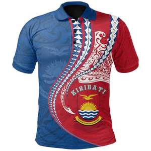 Polo à manches courtes pour homme, imprimé polynésien Kiribati, décontracté, 100% polyester tissé, coupe classique, avec logo emblème national sur le devant - Product Image 3