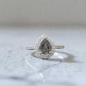 Black Rutilated <b>Quartz</b> IGI Certified High Quality 925 Sterling Silver Pear Teardrop Halo Engagement Promise Stackable <b>Ring</b> Gift - Product Image 5
