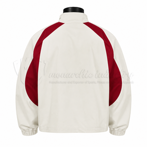 Chaqueta Deportiva Unisex Blanca y Roja, Ecológica, Impermeable, Cortavientos, de Lona, con Cuello Alto y Cierre de Cremallera - Product Image 2