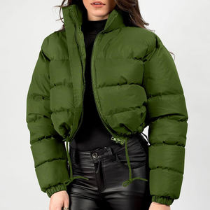 Women's Olive Green Quilted <b>Puffer</b> <b>Jacket</b> With Zipper Closure And Drawstring Waist Winter Coat Short Length Full Sleeve - Product Image 6
