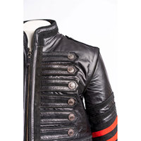 Veste de motard en cuir PU noir pour homme avec manches rayées rouges et boutons argentés, col montant, fermeture éclair