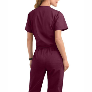 Women <b>Scrub</b> <b>Top</b> V-Neck Short Sleeve Burgundy Cotton Polyester Hospital Uniform Nurse Wear - Product Image 3