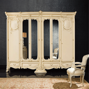 High End Classic French Wardrobe <b>Mirror</b> Door Mahogany Wood Hand Carved Cream Luxury Bedroom Furniture Customized for Villa Hotel - Product Image 1