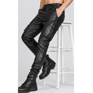 Wholesale Mens Leather Cargo Pants Ribbed Knee Slim Fit Motorcycle Biker Trousers Custom Black Faux Genuine Leather Joggers Men - Product Image 4