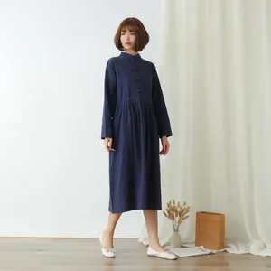 Women's Casual <b>Boho</b> Cotton Maxi <b>Dress</b> Solid Color <b>Long</b> Sleeve Chinese Style Stand Collar Pleated <b>Dress</b> - Product Image 1