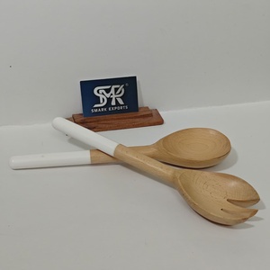 Premium Handmade Eco-Friendly Wooden Salad <b>Serving</b> Set with White Resin Handles Beech Wood Salad <b>Spoon</b> and Fork for Party Use - Product Image 5