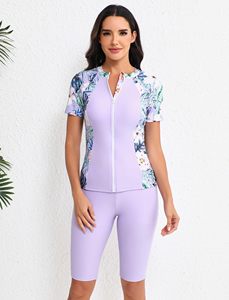 Factory Customizable <b>Women's</b> 2-Piece Swimsuit Rash Guard <b>Short</b>-Sleeve Full-Zip Custom Size/Color Options Fitness Swimwear - Product Image 4