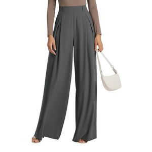 Pantalon de tailleur beige sur mesure pour femme, en coton et polyester, coupe large, taille haute, style minimaliste pour le bureau - Product Image 4