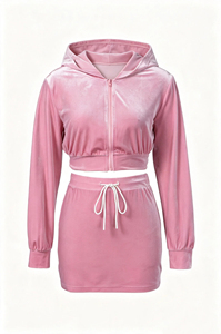 Women Pink Velvet 2 Piece Outfits Cropped Zip Up Hoodie <b>Jacket</b> Bodycon Mini <b>Skirt</b> <b>Set</b> Casual Tracksuit Streetwear - Product Image 4