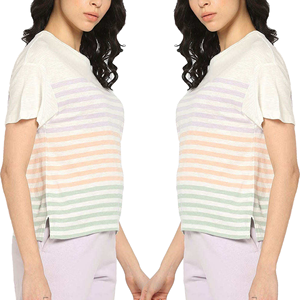 เสื้อยืดแขนสั้นคอกลมลายทางสำหรับผู้หญิง ทรงหลวม สวมใส่สบาย ผ้าถัก 100% คอตตอน ระบายอากาศได้ดี เหมาะสำหรับฤดูใบไม้ผลิและฤดูร้อน - Product Image 6