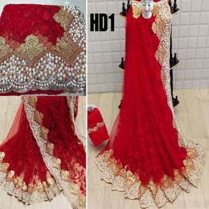PESADO BORDADO PERLA DIAMANTE TRABAJO SAREE CON BLUSA ROJO - Product Image 1