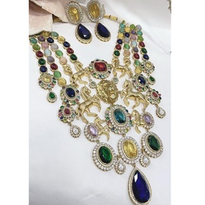 Elegant Premium Quality Brass Gold Plated Moissanite <b>Statement</b> Fusion <b>Necklace</b> and Earring Set for Wedding Party & Gift Wear - Product Image 1