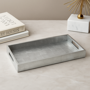 Bandeja de servicio de lámina de plata MDF Rectangular rústica Vintage sostenible hecha a mano manijas elegantes mesa de centro de madera decorativa para el hogar - Product Image 5