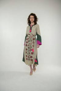 Bohemian Cotton Embroidered <b>Maxi</b> Dress Women Beige Floral Long Sleeve Tie Waist Vintage Ethnic <b>Kaftan</b> Dress - Product Image 2