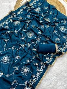 Sari de seda brillante de la mejor calidad con trabajo de cinta Jaal - Colección de blusas de seda Banglori, exportador de moda femenina, proveedor indio - Product Image 3