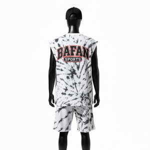 Ensemble de shorts sans manches pour homme 100% coton, jersey de coton premium, noir et blanc, tie-dye, logo imprimé personnalisé, tissu respirant - Product Image 2