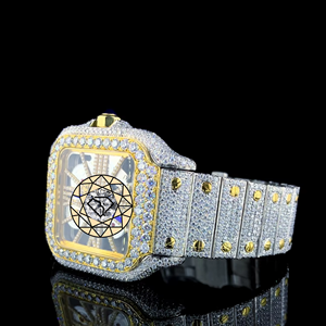 Luxury Diamond Encrusted Square Mechanical <b>Watch</b> Yellow Gold <b>Case</b> Stainless Steel Band Analog Roman Numeral Dial Deployment - Product Image 3