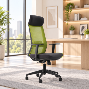 Chaise de bureau ergonomique en tissu KINSHA avec accoudoirs et appui-tête réglables, design pivotant, fonction de levage moderne, noir et vert - Product Image 1