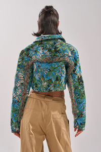Chemise-veste à imprimé floral avec manches lanternes, col rabattu, style décontracté printemps, unisexe, viscose et coton, longueur courte - Product Image 3