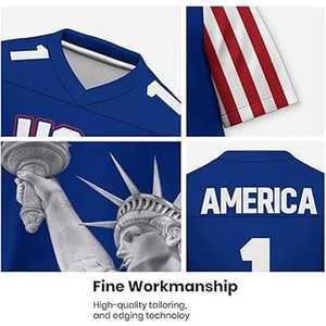 Camiseta de Fútbol Americano para Hombre, Cuello en V Azul, Gráfico de la Bandera de EE. UU., Manga Corta, Malla Transpirable, Impresión Sublimada, Nombre y Número del Equipo - Product Image 4